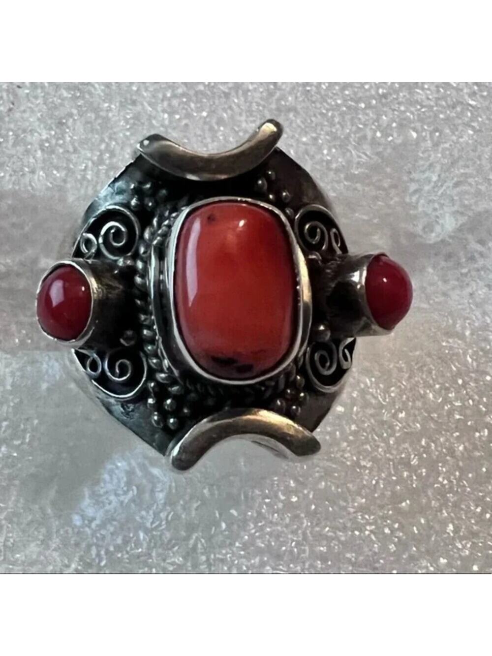 Coral and 925 Sterling Ring Native Style Size 8